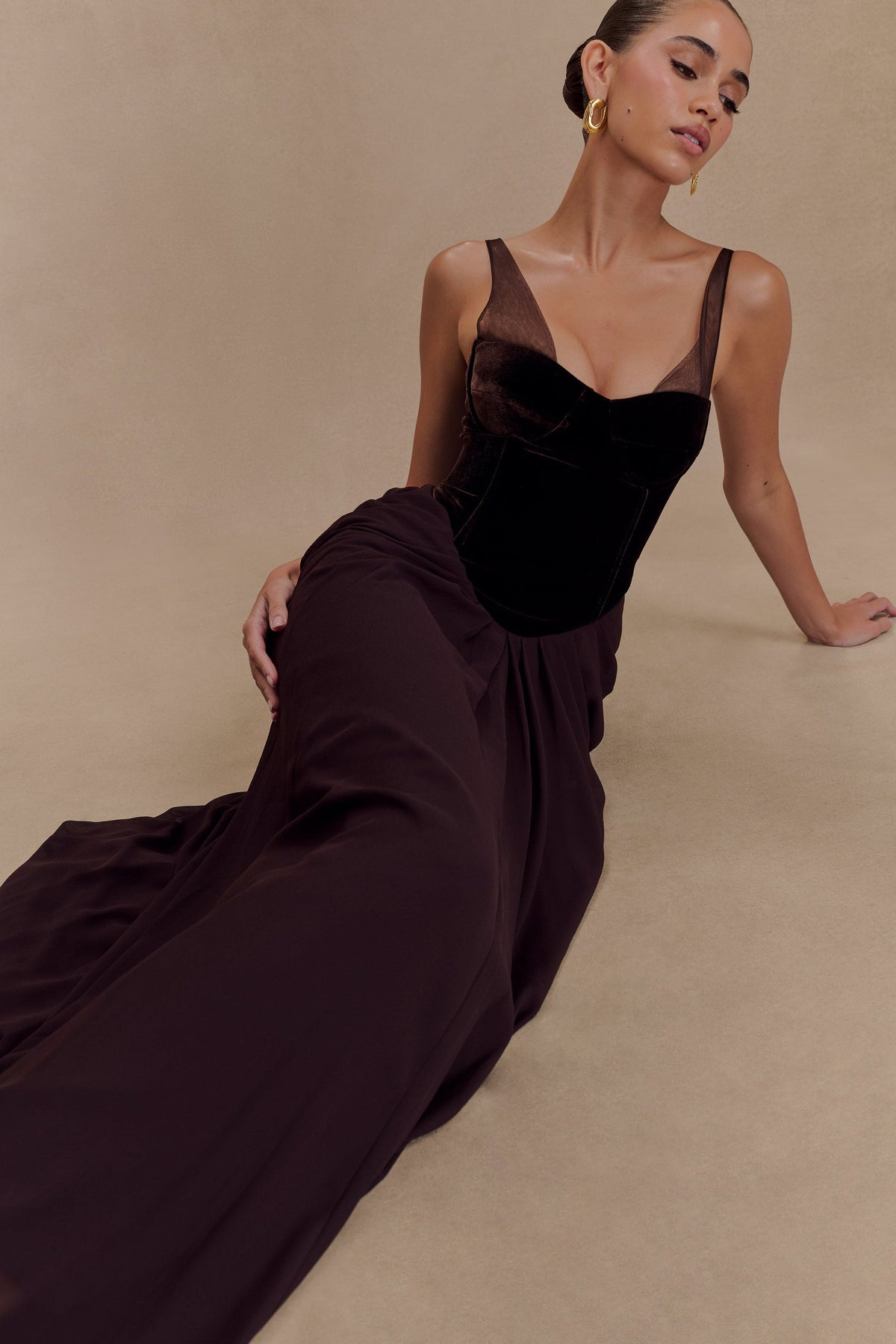 Velvet Chiffon Patchwork Ruched Maxi Dress