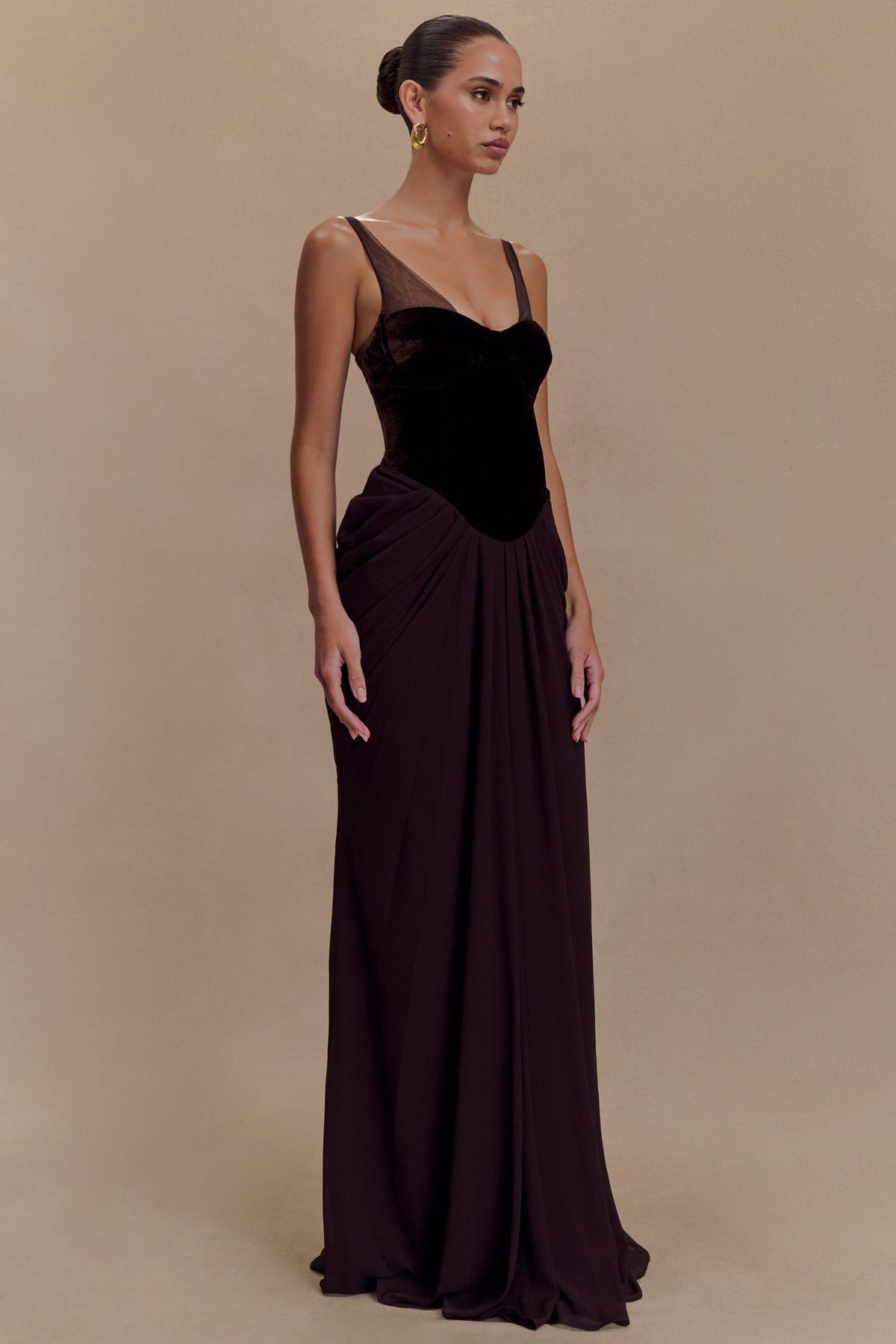 Velvet Chiffon Patchwork Ruched Maxi Dress