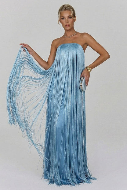 Satin Strapless Fringe Maxi Dress