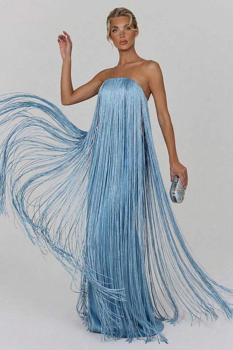 Satin Strapless Fringe Maxi Dress