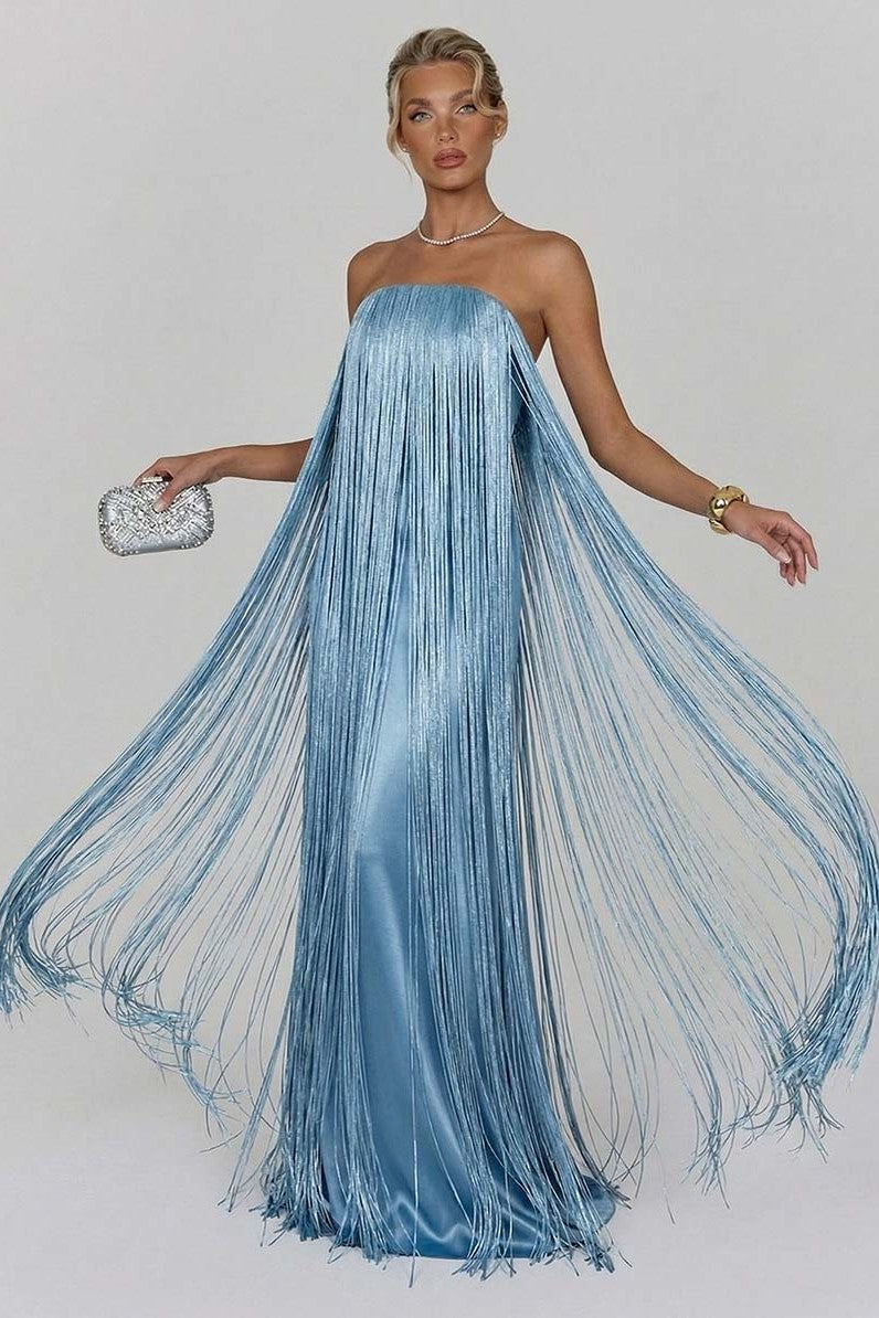 Satin Strapless Fringe Maxi Dress