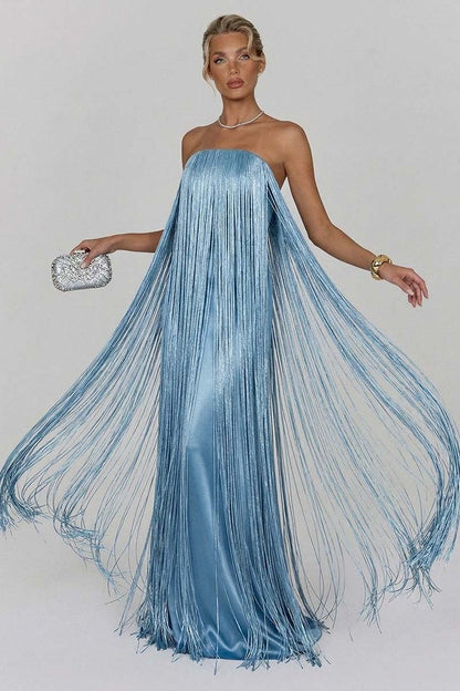 Satin Strapless Fringe Maxi Dress