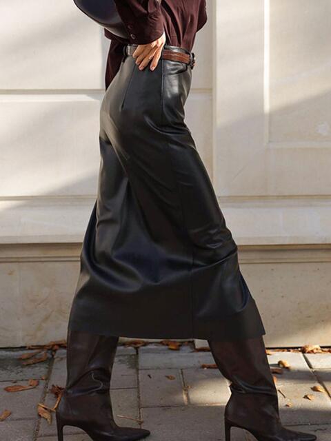 PU Slit Black Midi Skirt