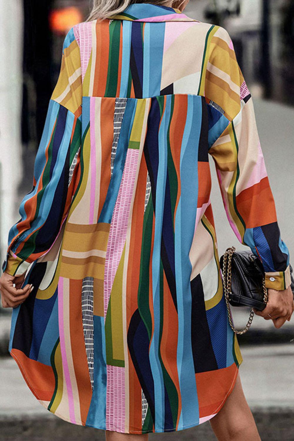 Patchwork Curved Hem Long Sleeve Shirt Mini Dress