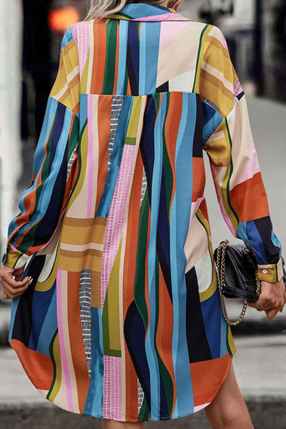 Patchwork Curved Hem Long Sleeve Shirt Mini Dress
