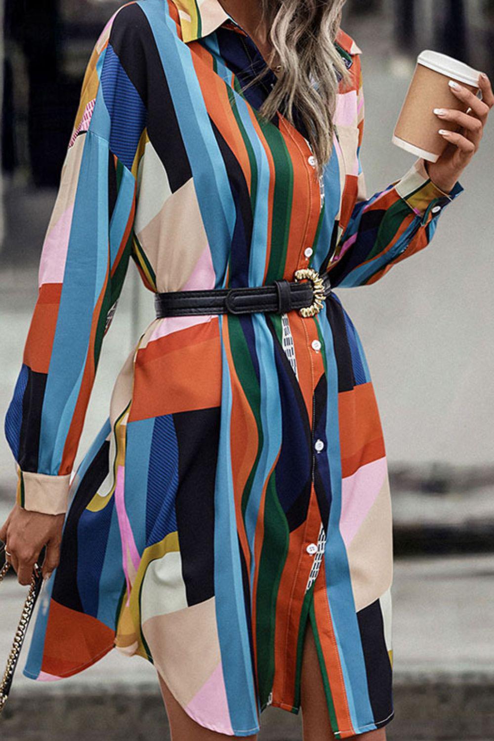 Patchwork Curved Hem Long Sleeve Shirt Mini Dress