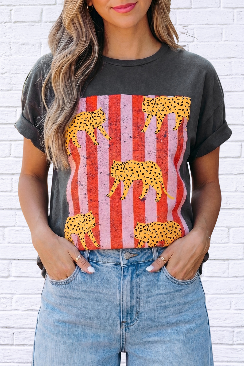 Cheetah Striped Print Retro Graphic Tee for Women