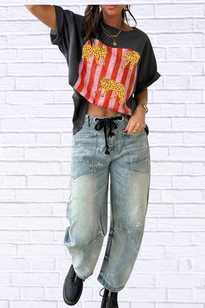 Cheetah Striped Print Retro Graphic Tee for Women