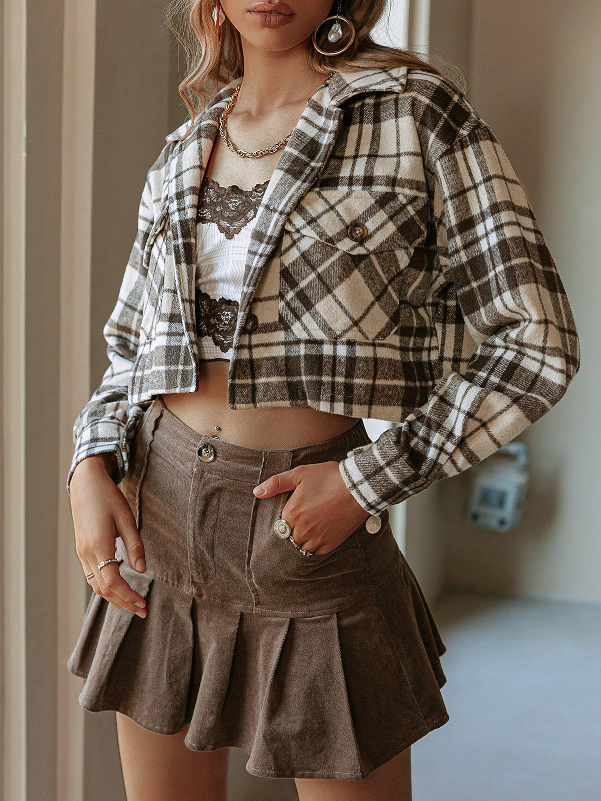 Plaid Button Down Cropped Shirt Jacket