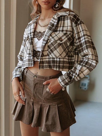 Plaid Button Down Cropped Shirt Jacket