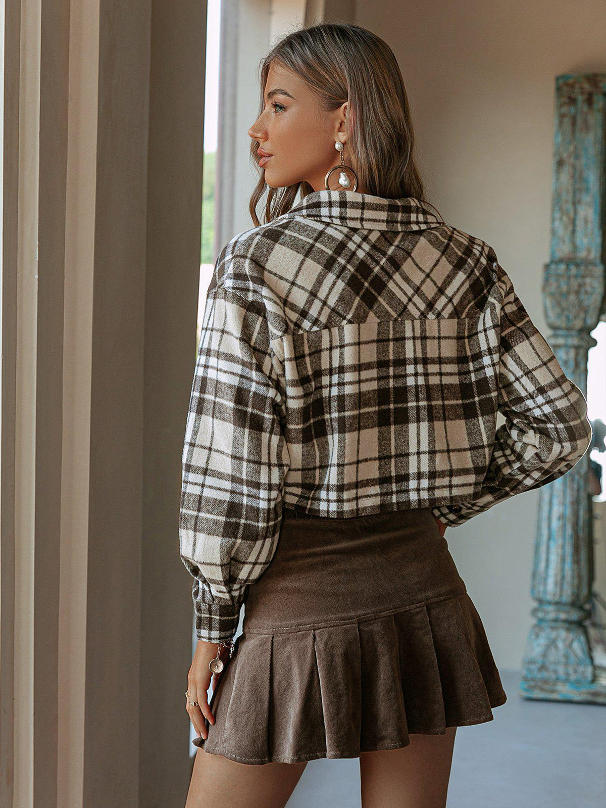 Plaid Button Down Cropped Shirt Jacket