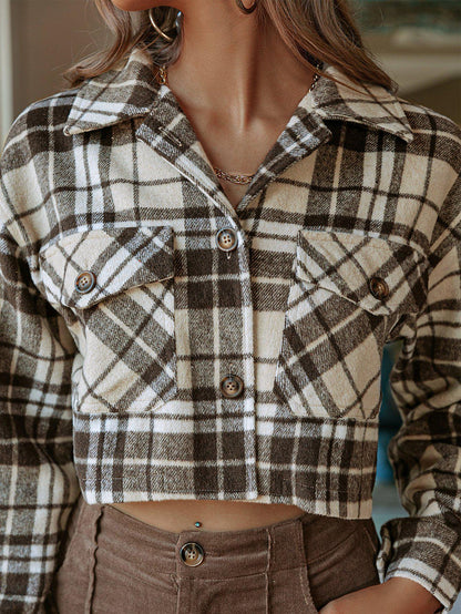 Plaid Button Down Cropped Shirt Jacket