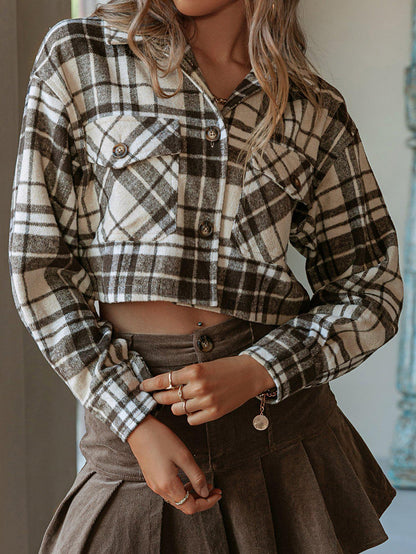 Plaid Button Down Cropped Shirt Jacket