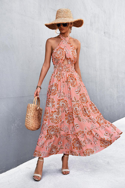 Monica's Printed Halter Neck Tiered Maxi Dress