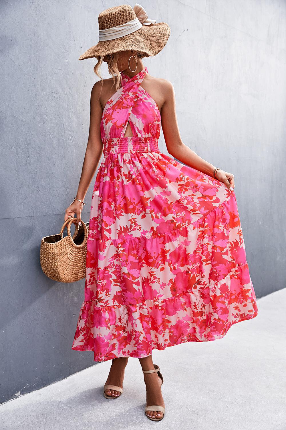 Monica's Printed Halter Neck Tiered Maxi Dress