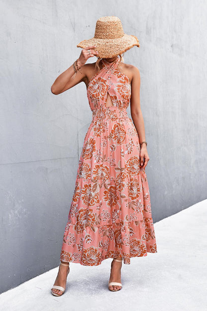 Monica's Printed Halter Neck Tiered Maxi Dress