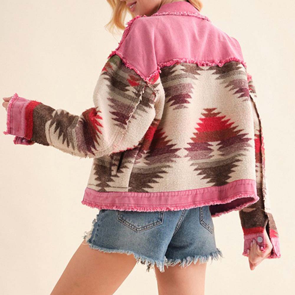 Printed Raw Hem Dropped Shoulder Denim Jacket