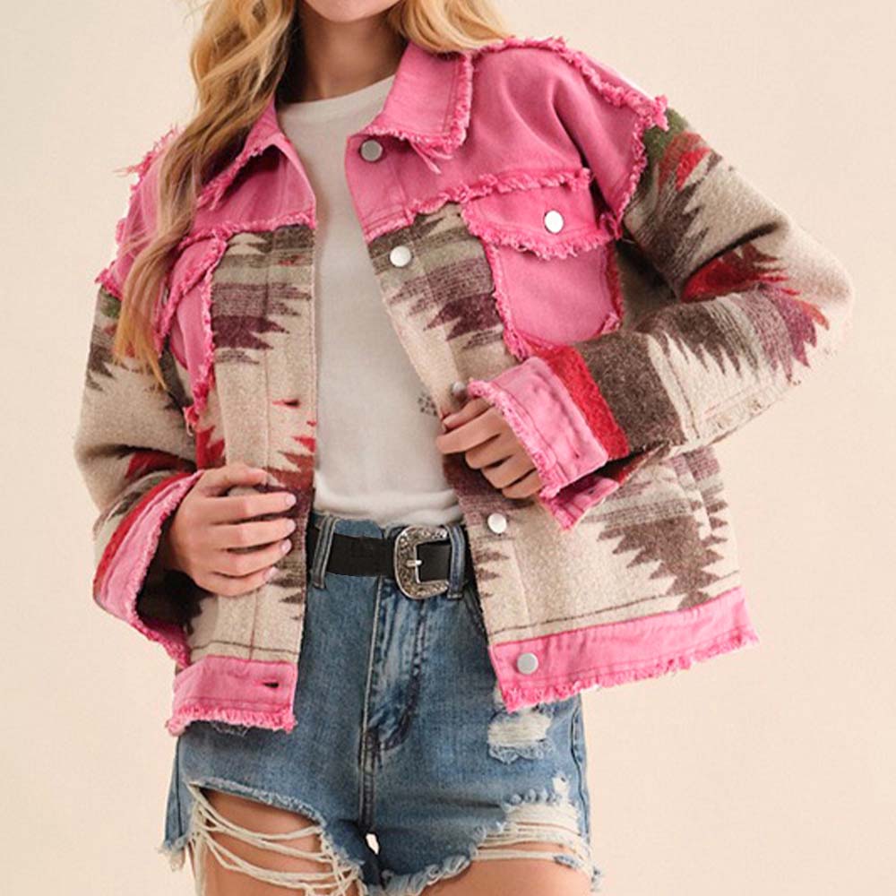 Printed Raw Hem Dropped Shoulder Denim Jacket