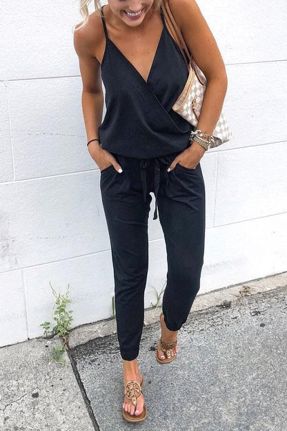 Cross V Neck Tie Waist Cami Jumpsuits Black