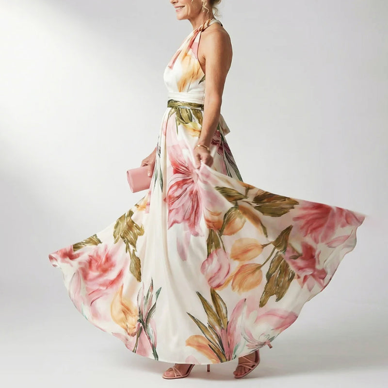 Quinn - Women’s Draped Halter Floral Evening Dress