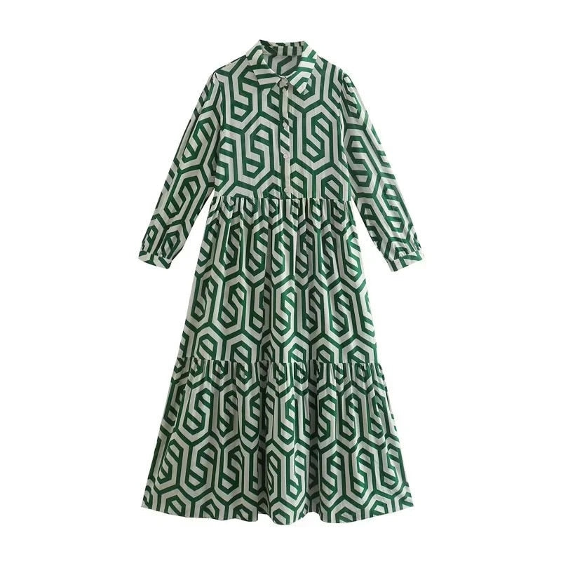 Vintage Print Maxi Casual Dress Green