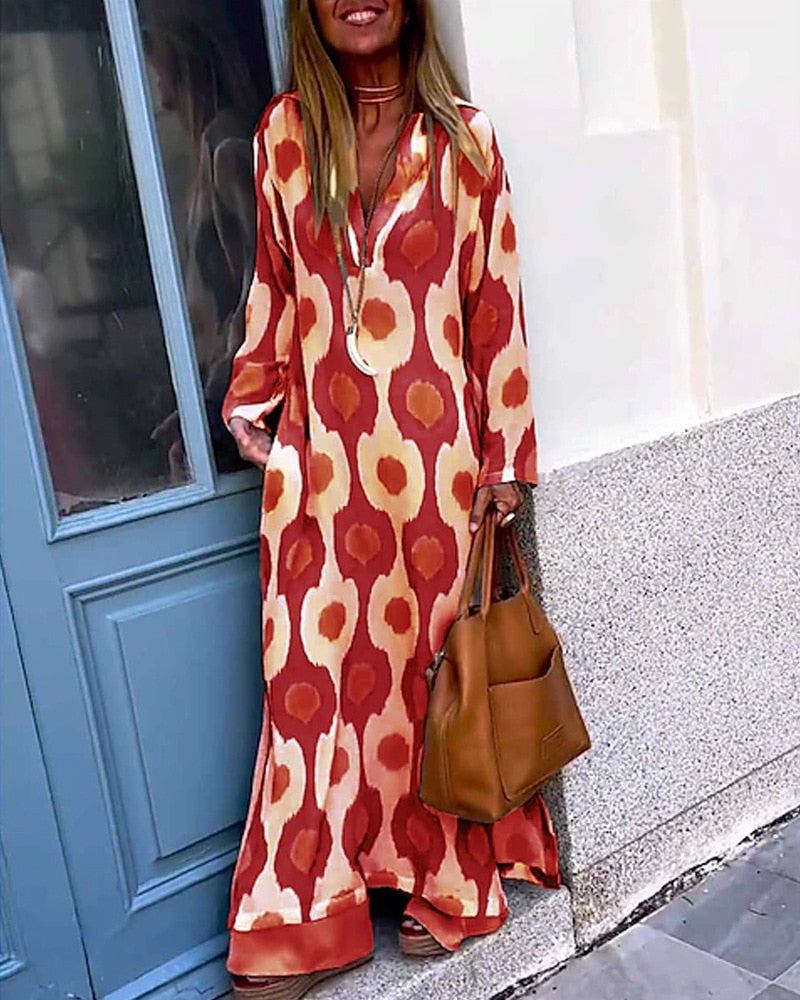 Geometric Print Split Maxi Casual Dress Red