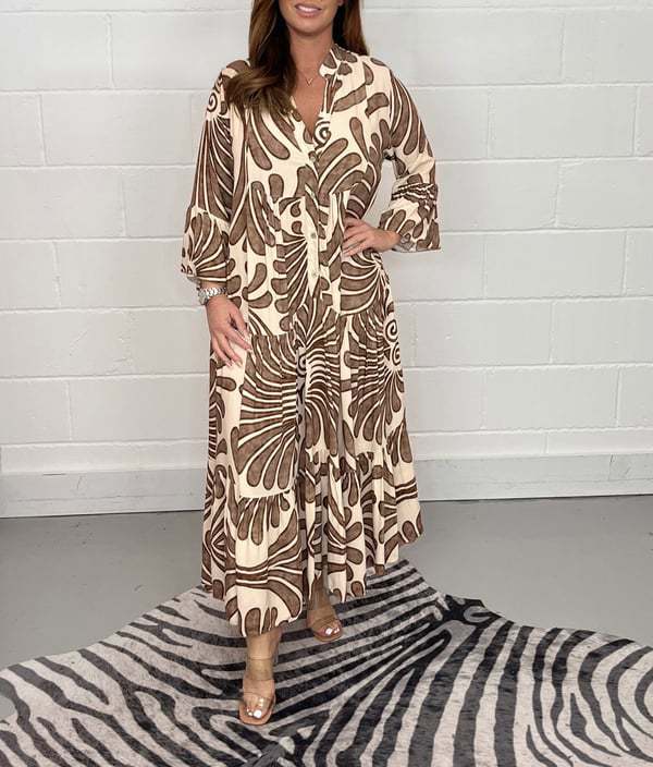 Vintage Print Maxi Casual Dress Yellow