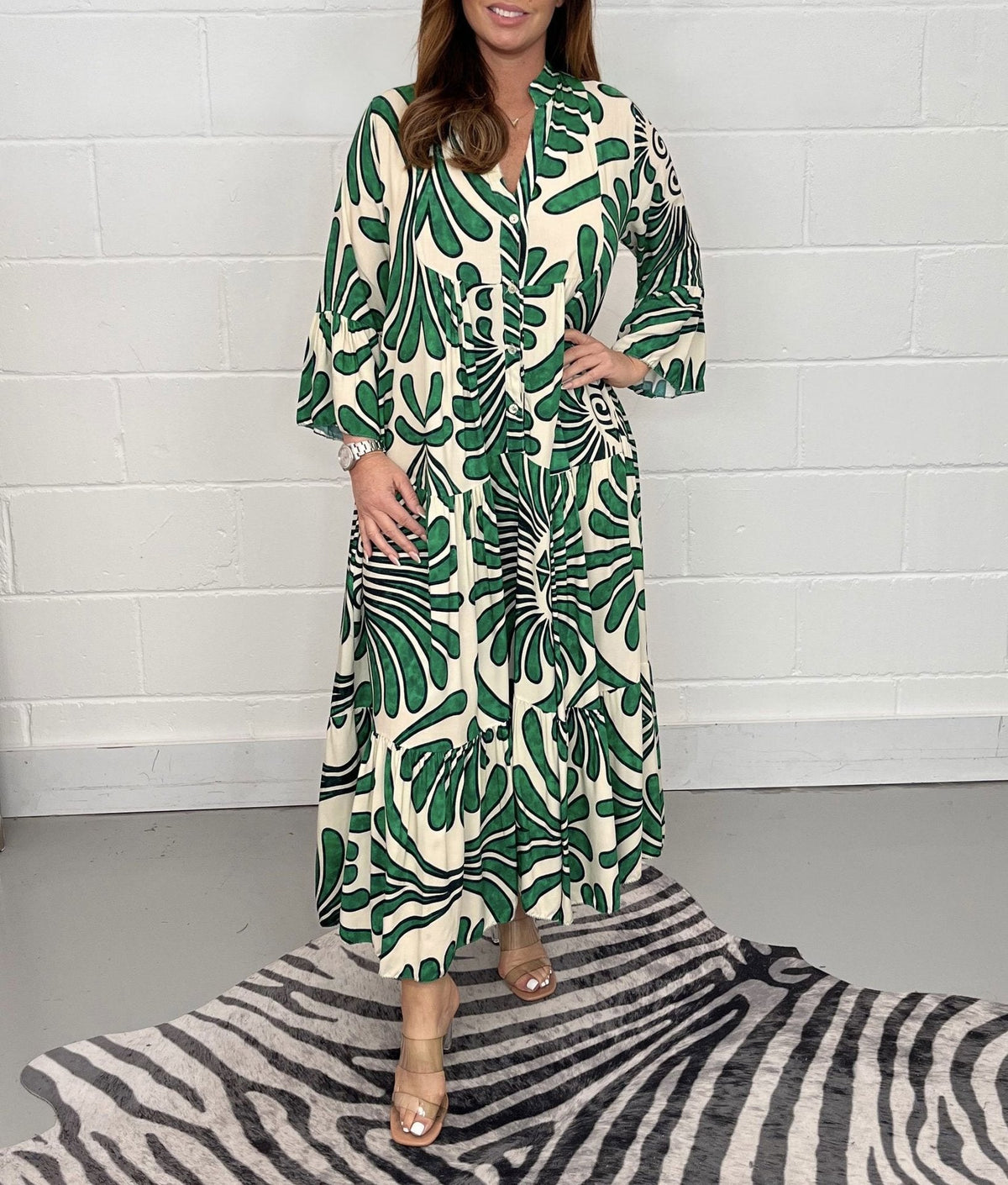 Vintage Print Maxi Casual Dress Green1