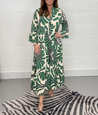 Vintage Print Maxi Casual Dress Green1