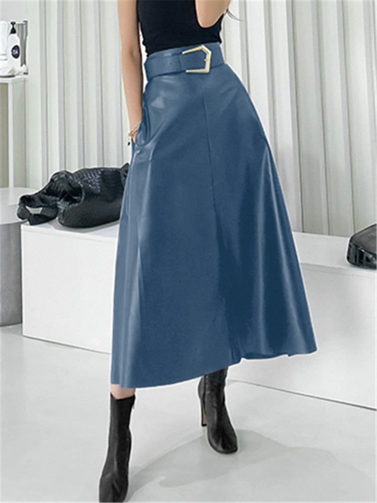 Ginger Classic Faux Leather Long Skirt Blue One Size (Fits XS-L)