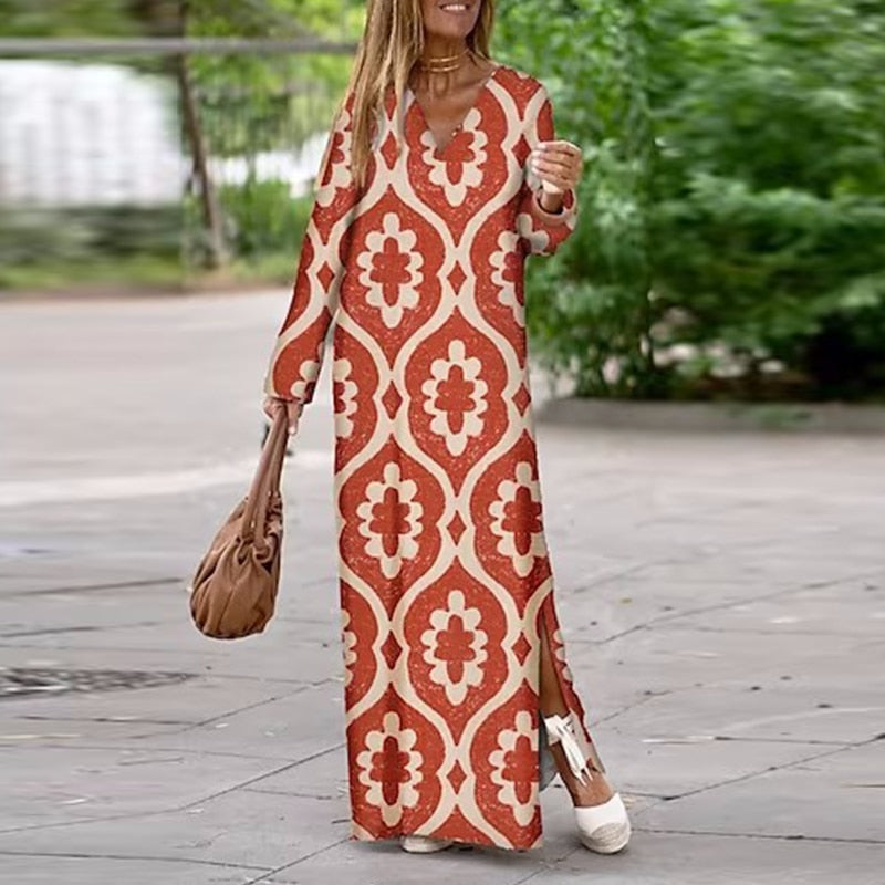 Geometric Print Split Maxi Casual Dress Orange