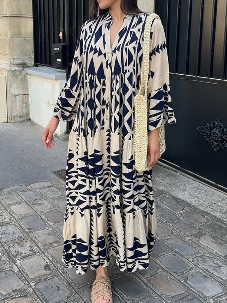 Vintage Print Maxi Casual Dress EA07432-Blue