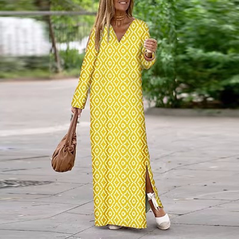 Geometric Print Split Maxi Casual Dress Yellow
