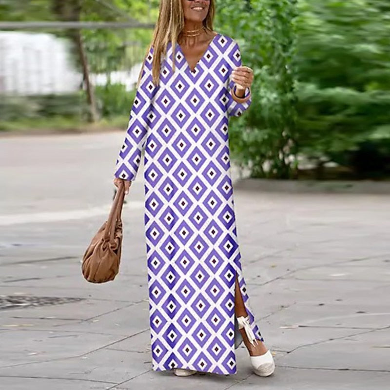 Geometric Print Split Maxi Casual Dress Lavender