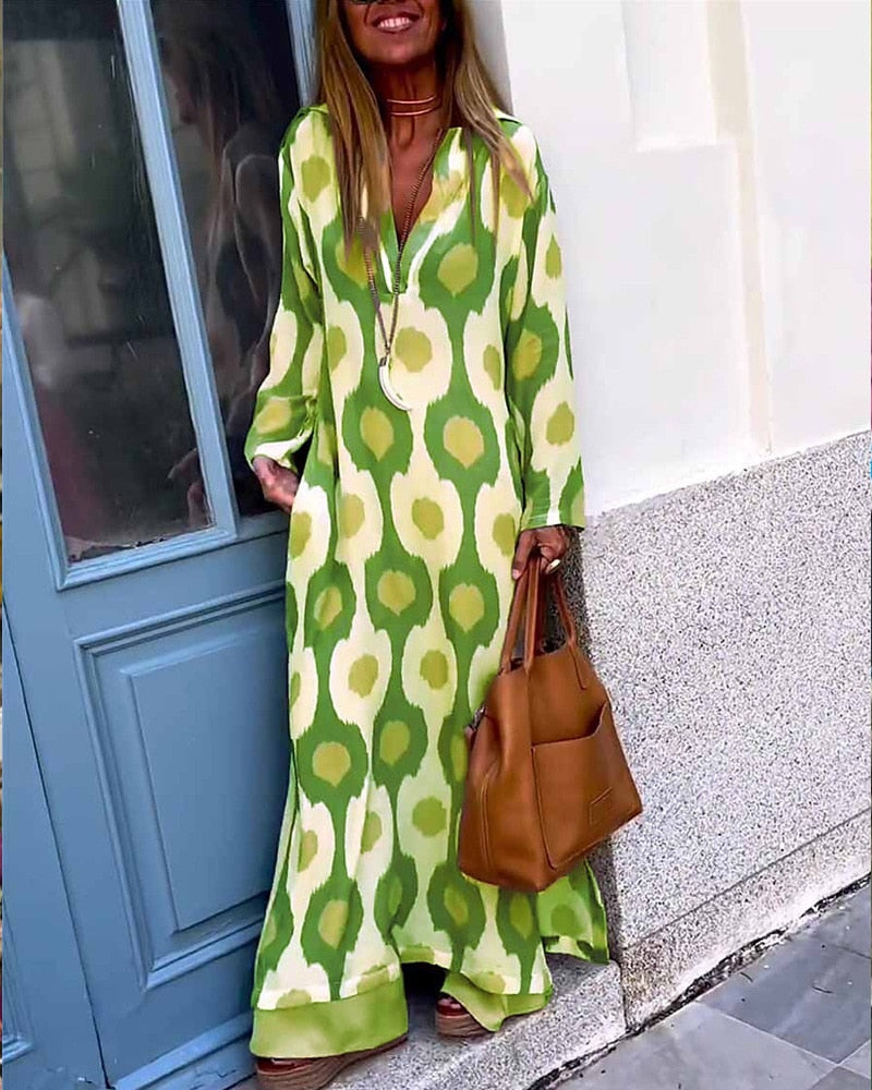 Geometric Print Split Maxi Casual Dress Green