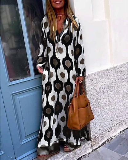 Geometric Print Split Maxi Casual Dress Black