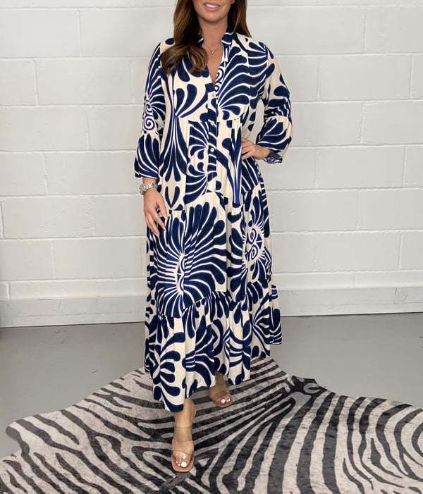 Vintage Print Maxi Casual Dress Blue