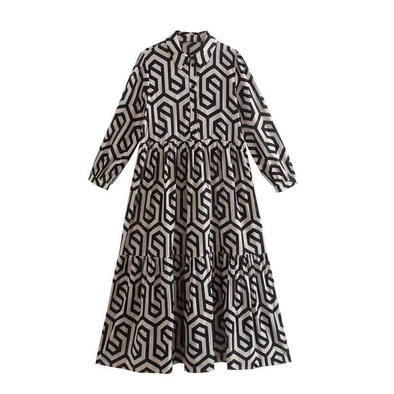 Vintage Print Maxi Casual Dress Black