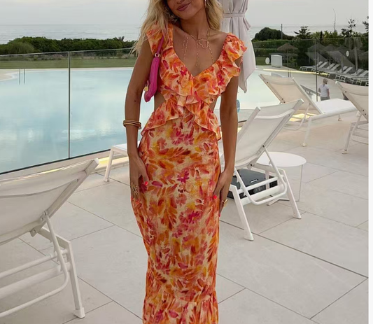Backless Cut Out Floral Print Ruffle Slit Maxi Cami Dress