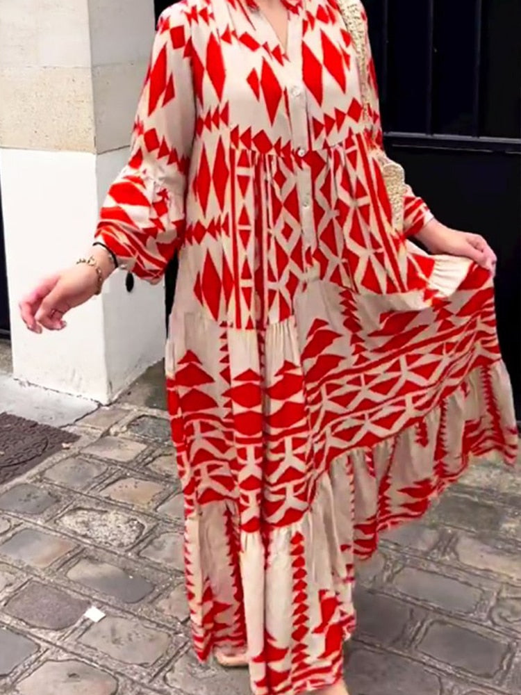 Vintage Print Maxi Casual Dress EA07432-Red