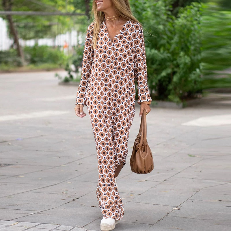 Geometric Print Split Maxi Casual Dress Auburn