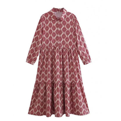 Vintage Print Maxi Casual Dress Red