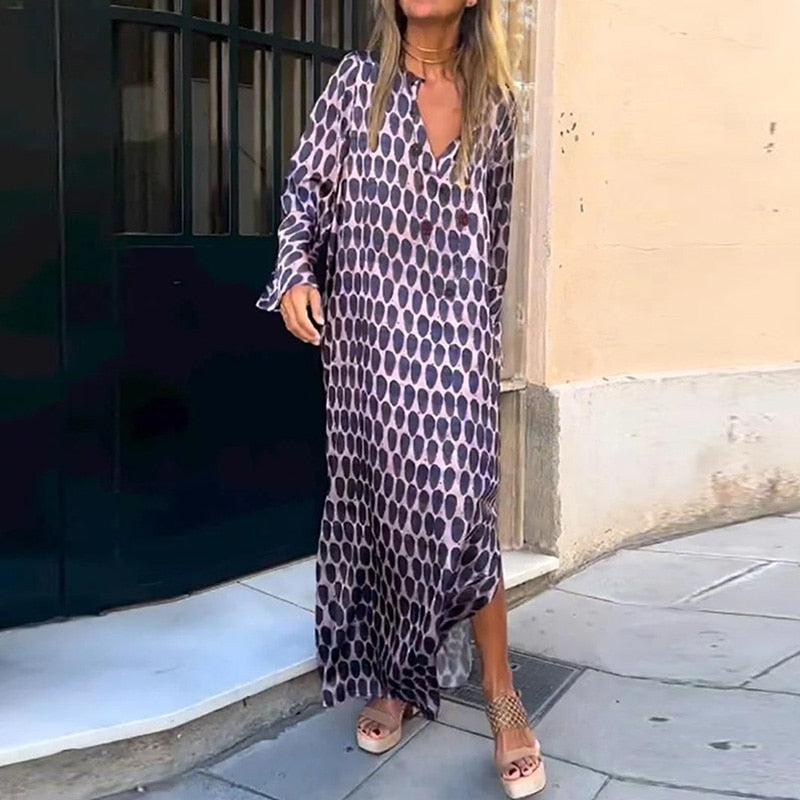 Geometric Print Split Maxi Casual Dress Purple