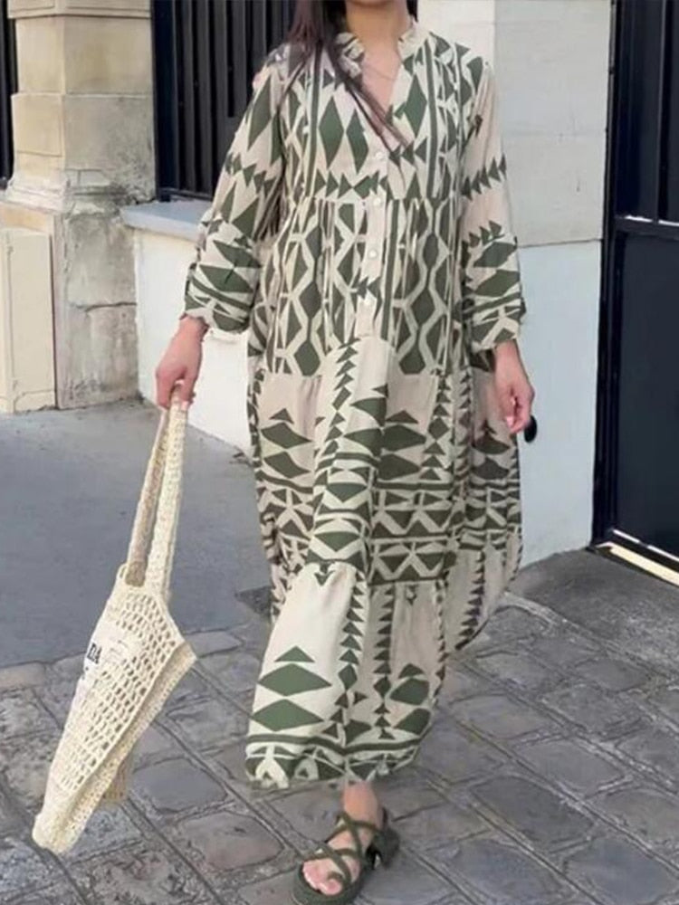 Vintage Print Maxi Casual Dress EA07432-Green