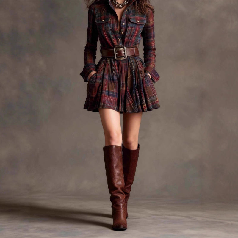 Sofia Amoretti Plaid Mini Shirt Dress with Long Sleeves