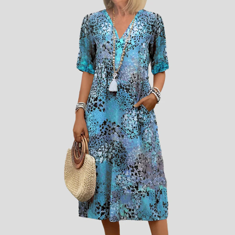 Sofia Amoretti Printed Midi Dress with V-Neck