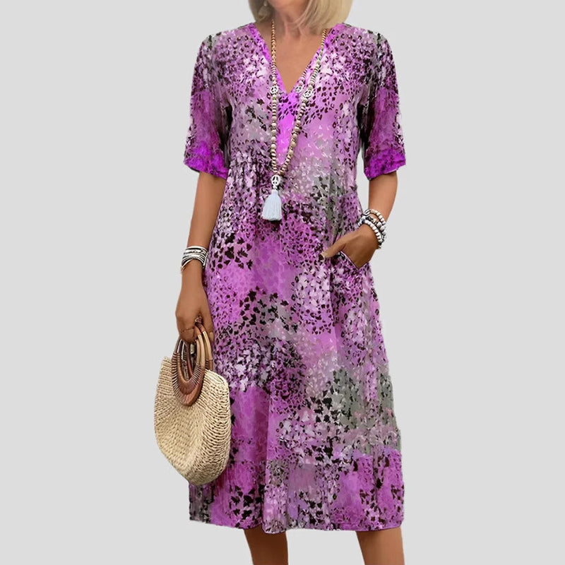 Sofia Amoretti Printed Midi Dress with V-Neck