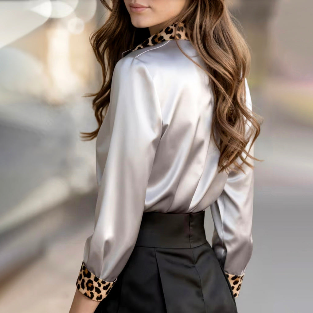 Sofia Amoretti Satin Blouse with Leopard Print Trim