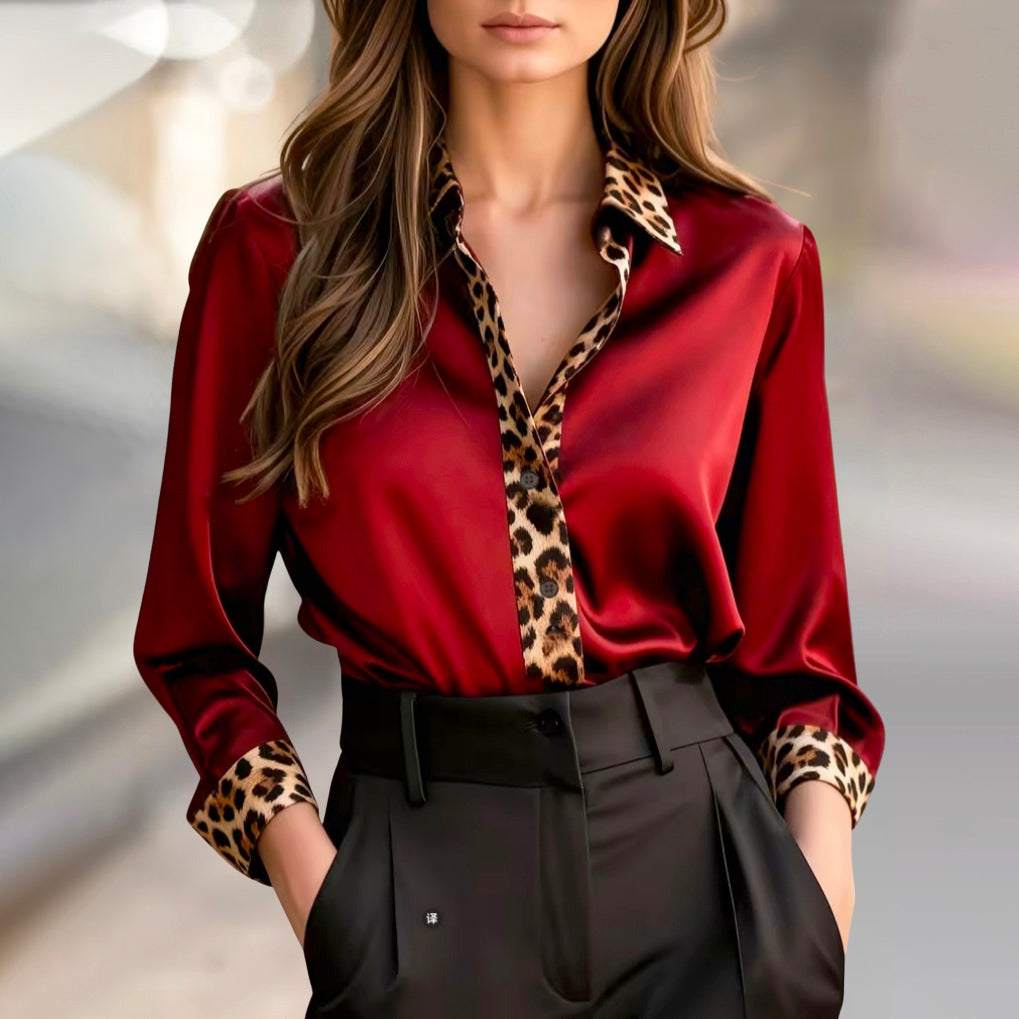 Sofia Amoretti Satin Blouse with Leopard Print Trim