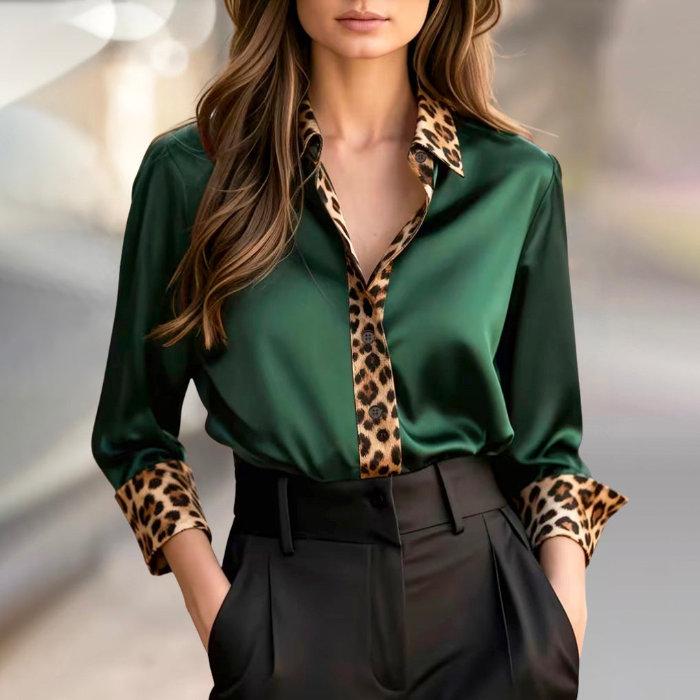 Sofia Amoretti Satin Blouse with Leopard Print Trim